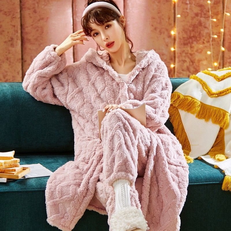 Long Flannel Robe Bathrobe Loungewear Set - Leverage On Heroes Women Store