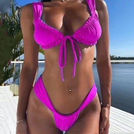Lace-up Bikini Solid Color Split Women's Swimsuit - Leverage On Heroes Women Store
