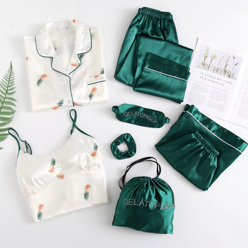 Ice Silk Printed Sweet Cute Loungewear Seven-piece Pajamas Suit - Leverage On Heroes Women Store