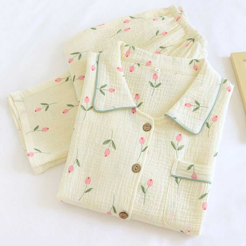 Women's Fashion Gauze Double Crepe Lapel Long-sleeved Loungewear Set - Leverage On Heroes Women Store