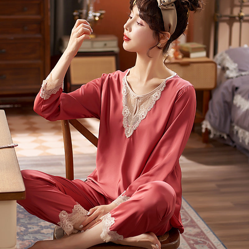 Faux Silk Long Sleeve Two Piece Pullover Lace Loungewear - Leverage On Heroes Women Store