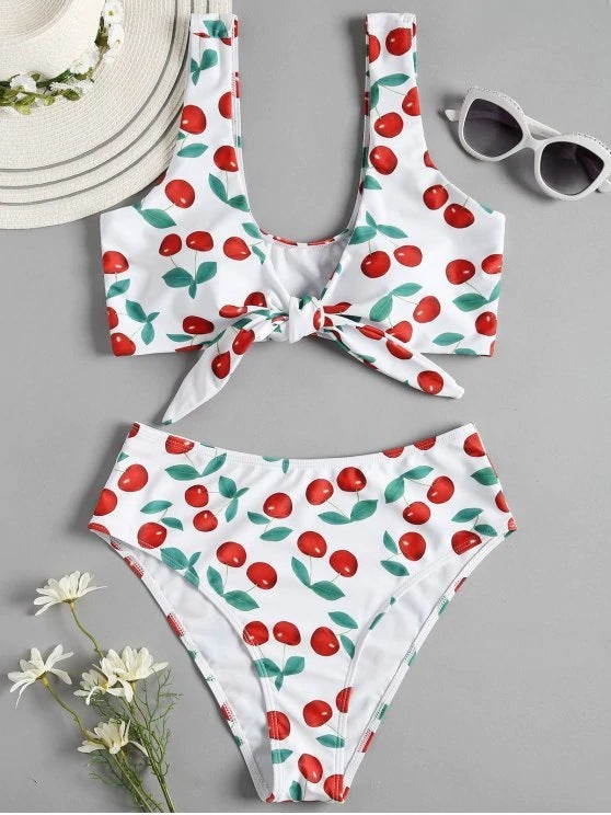 Bikini Split Swimsuit Cherry Print Swimsuit Lace - Leverage On Heroes Women Store
