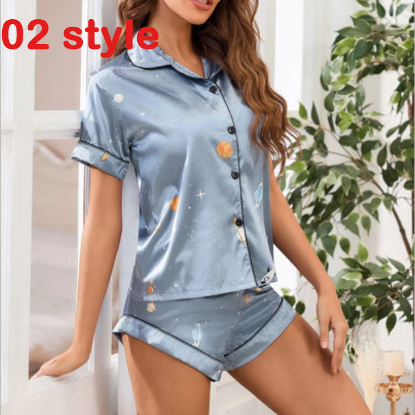 Summer Satin Women Pajams Print V-Neck Stretch Female Sleepwear Casual Shorts Set Loungewear Women - Leverage On Heroes Women Store