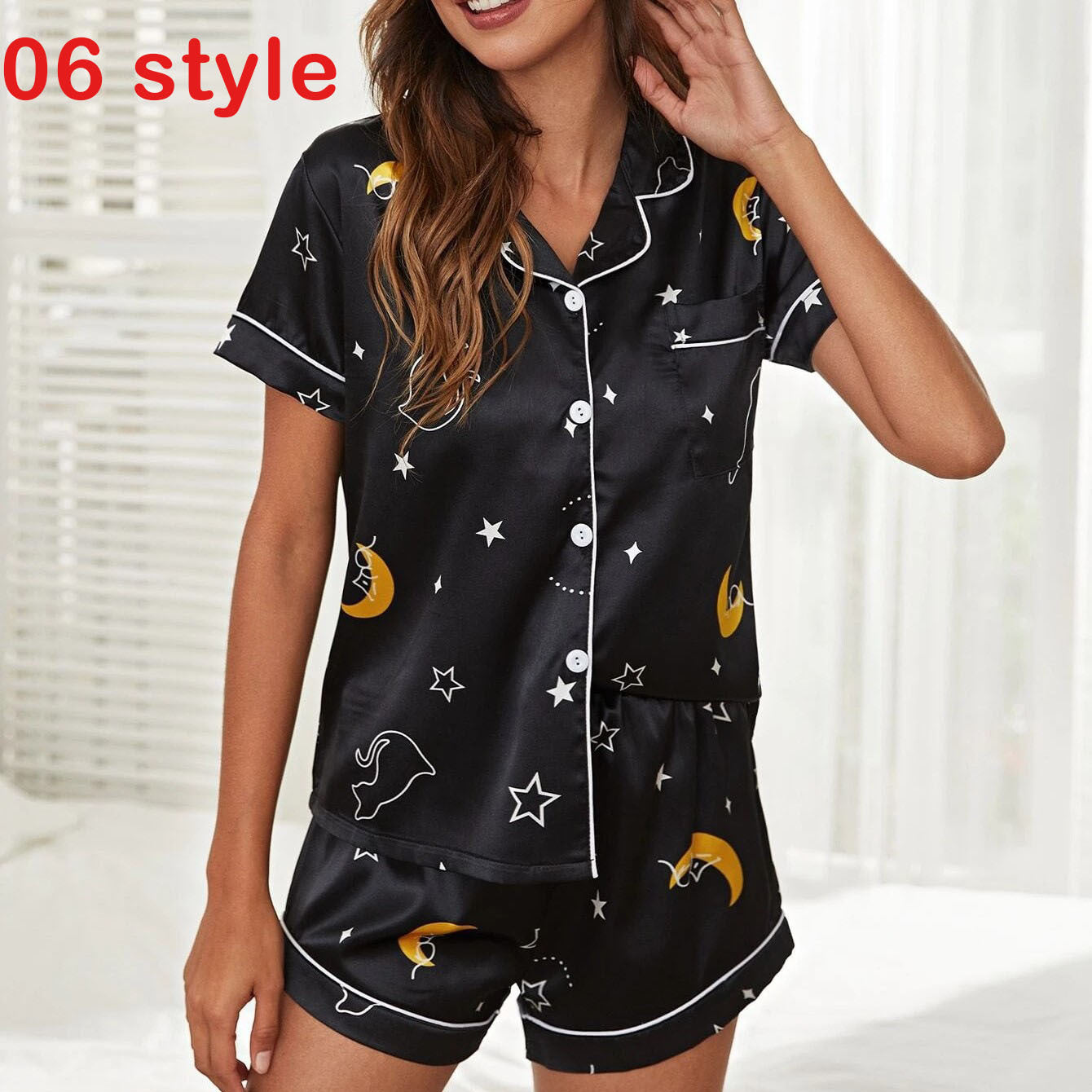 Summer Satin Women Pajams Print V-Neck Stretch Female Sleepwear Casual Shorts Set Loungewear Women - Leverage On Heroes Women Store