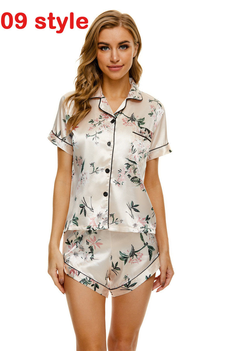 Summer Satin Women Pajams Print V-Neck Stretch Female Sleepwear Casual Shorts Set Loungewear Women - Leverage On Heroes Women Store