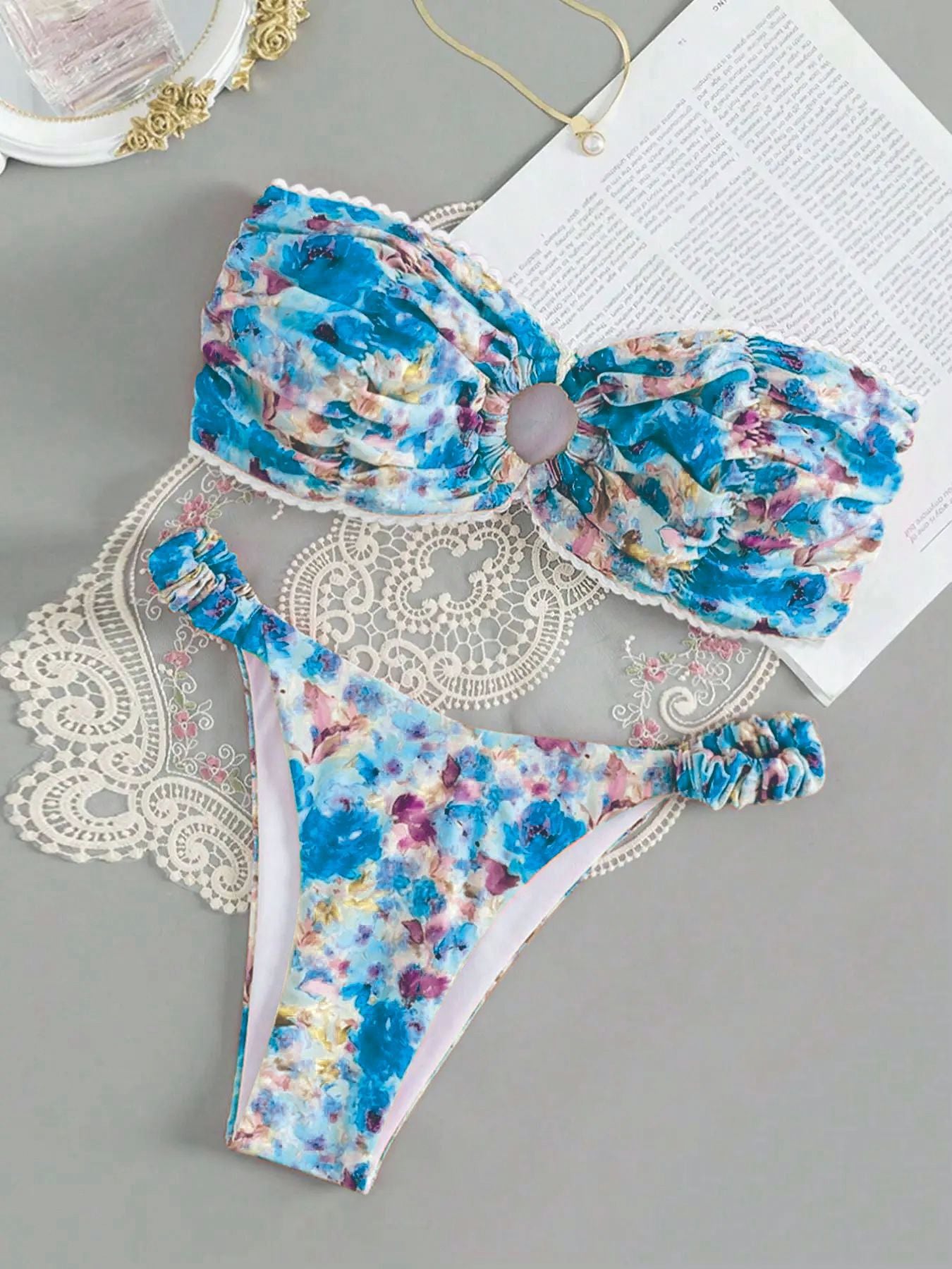 European And American Swimwear Printed Tube Top Bikini Lace - Leverage On Heroes Women Store