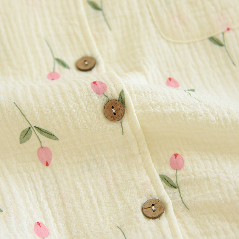 Women's Fashion Gauze Double Crepe Lapel Long-sleeved Loungewear Set - Leverage On Heroes Women Store