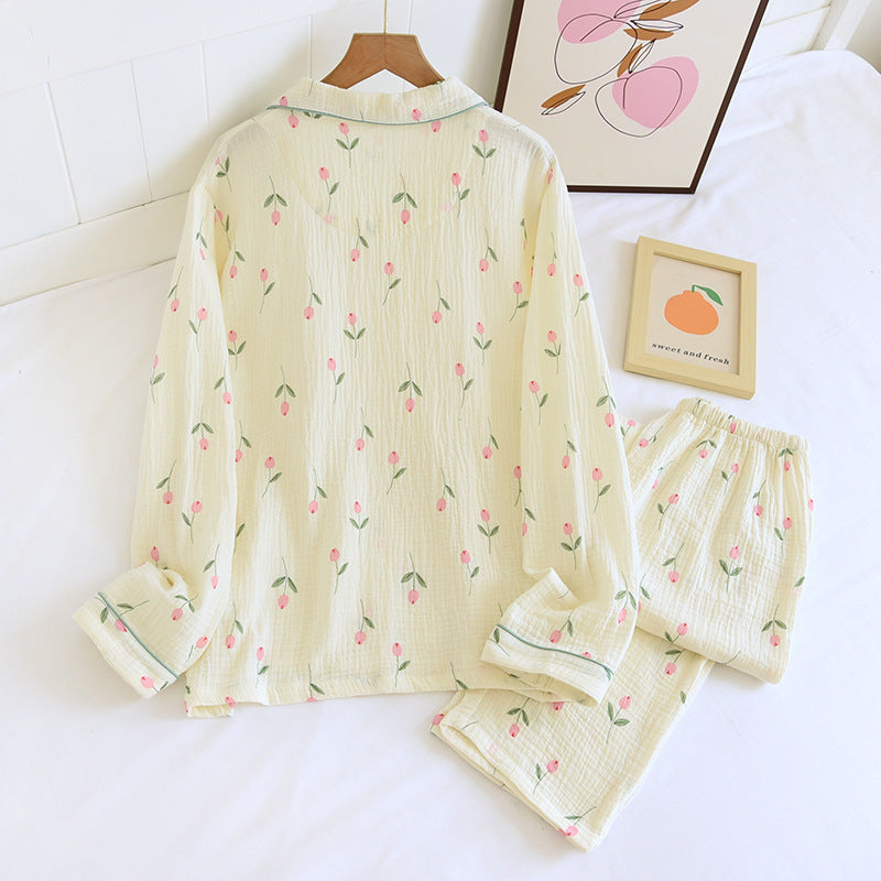 Women's Fashion Gauze Double Crepe Lapel Long-sleeved Loungewear Set - Leverage On Heroes Women Store