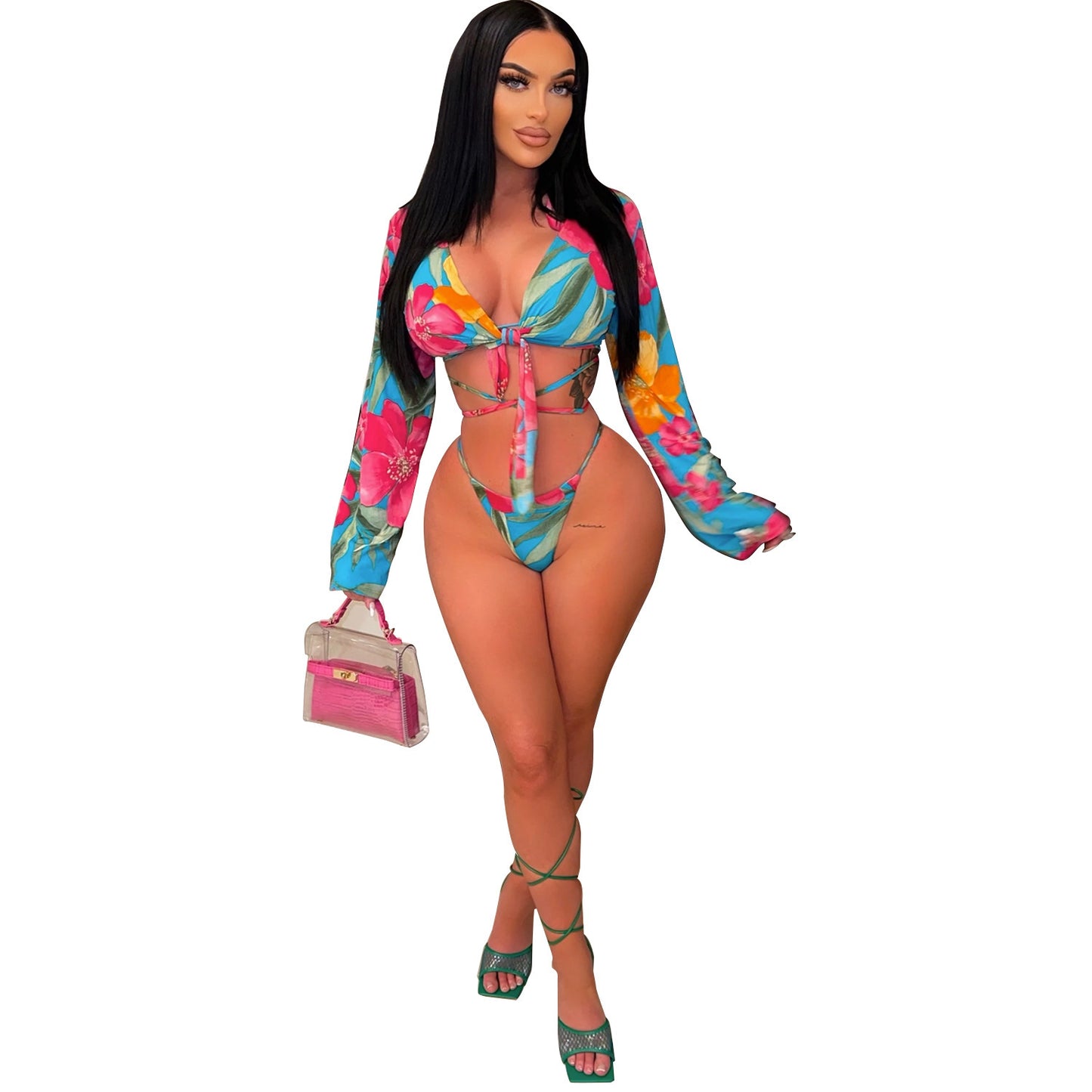 Printed Lace-up Bikini Three-piece Set - Leverage On Heroes Women Store