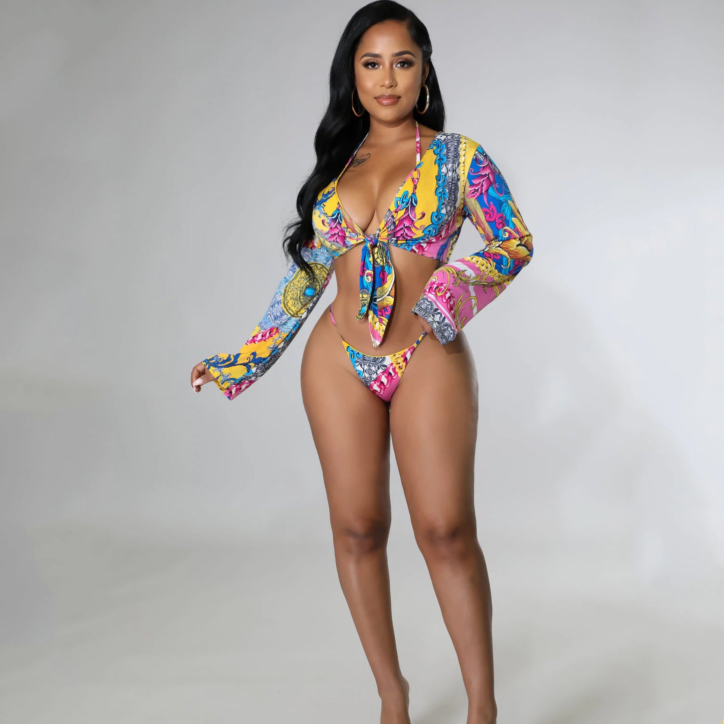 Women's Fashion Print Lace-Up Bikini Three Piece - Leverage On Heroes Women Store