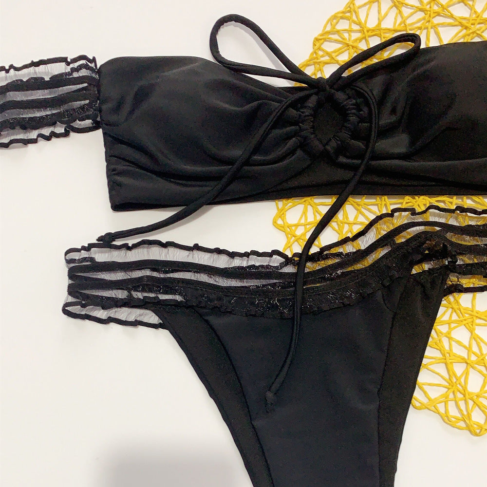 Women's Solid Color Lace Split Tie Bikini Swimsuit - Leverage On Heroes Women Store