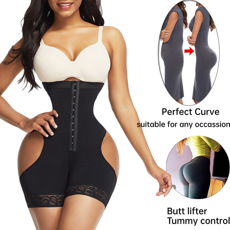Woman wearing a black waist trainer with insets showing butt lifter and tummy control effects.