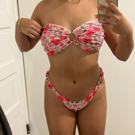 European And American Swimwear Printed Tube Top Bikini Lace - Leverage On Heroes Women Store