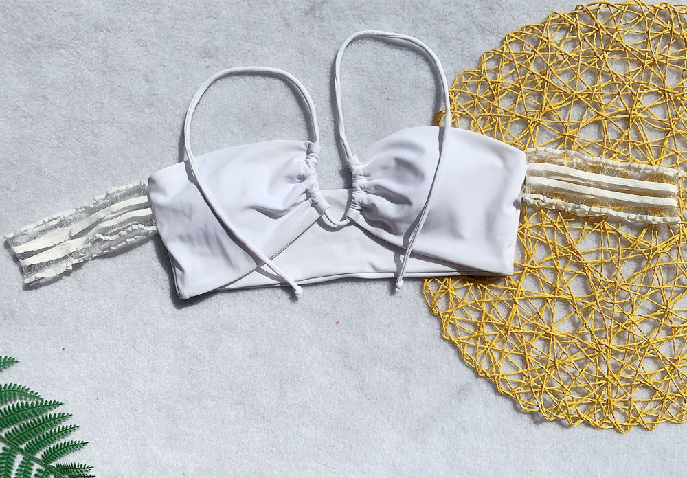 Women's Solid Color Lace Split Tie Bikini Swimsuit - Leverage On Heroes Women Store