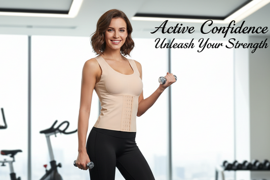 Woman exercising with dumbbells in a gym setting, wearing a beige compression garment.