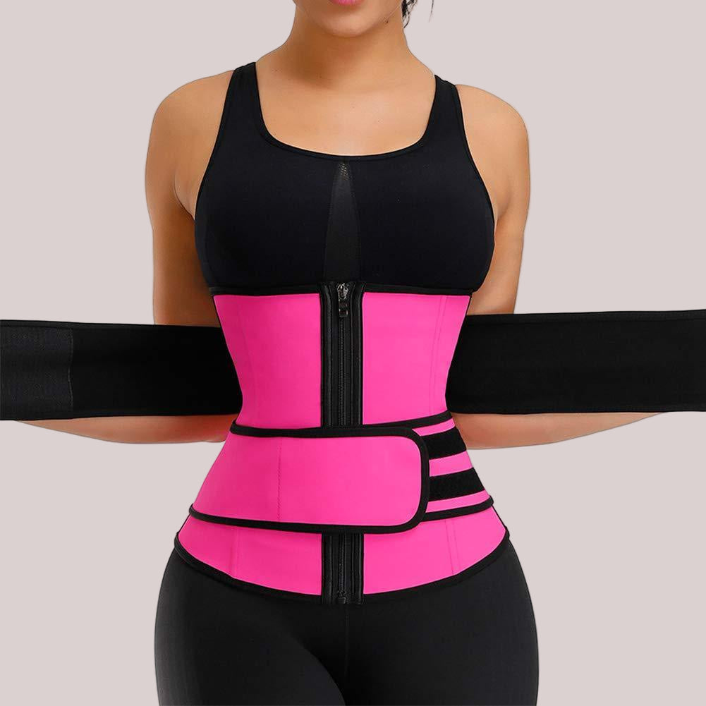 Pink and black waist trainer worn by a person on a white background