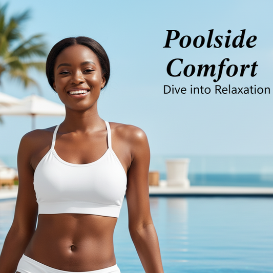 Woman in a white bikini sitting by a pool with 'Poolside Comfort' text.