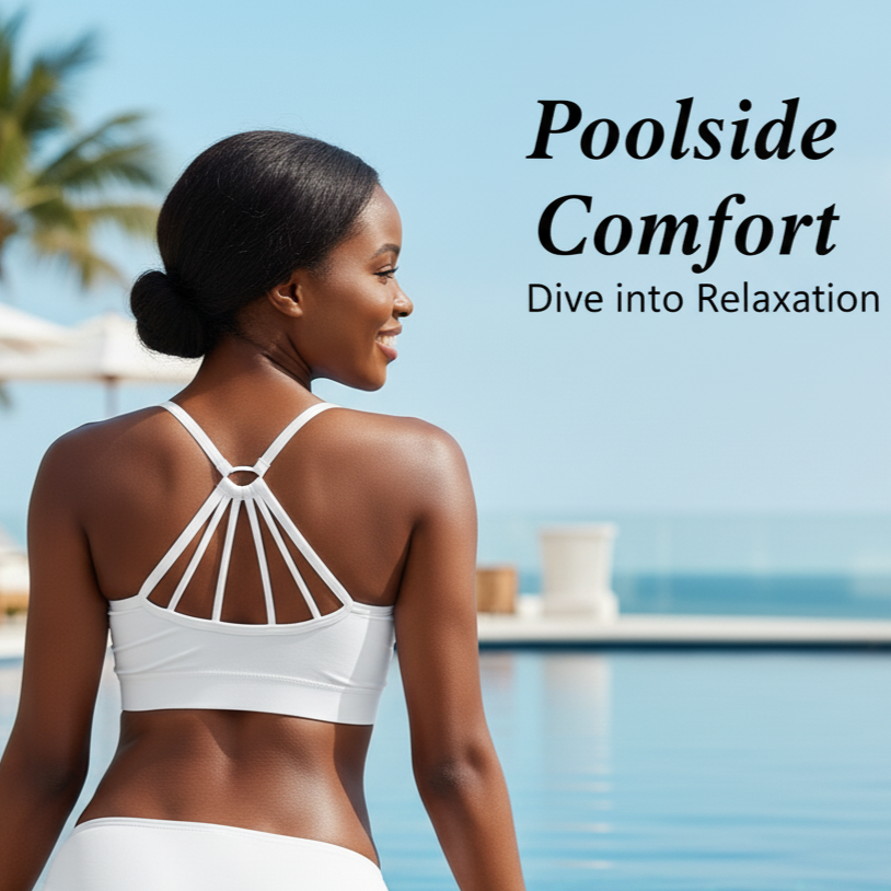 Woman in a white bikini standing by a pool with text 'Poolside Comfort' and 'Dive into Relaxation'.