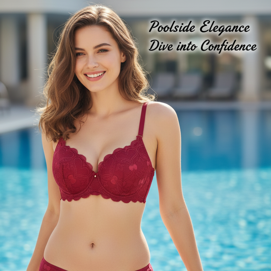 Woman in red lingerie standing by a pool with text 'Poolside Elegance Dive into Confidence'.