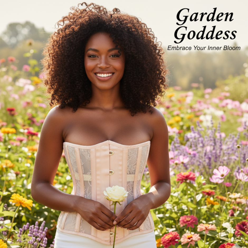 Woman in a corset holding a flower in a garden with 'Garden Goddess' text.