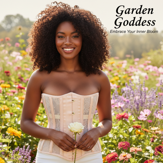 Woman in a corset holding a flower in a garden with 'Garden Goddess' text.