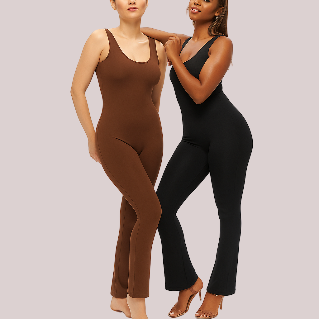Two women wearing brown and black bodysuits on a white background