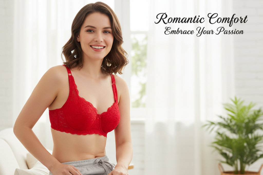 Woman wearing a red bralette sitting on a chair with a blurred background