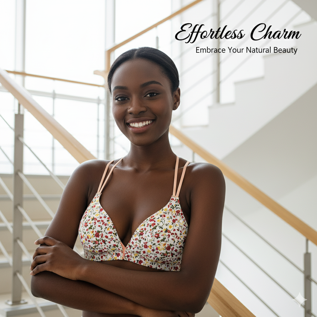 Woman wearing a floral bikini top with text 'Effortless Charm Embrace Your Natural Beauty' in an indoor setting.