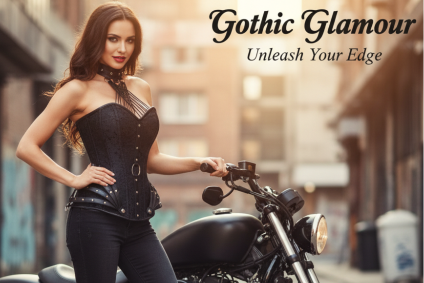 Woman in black leather outfit standing next to a motorcycle with 'Gothic Glamour' text.