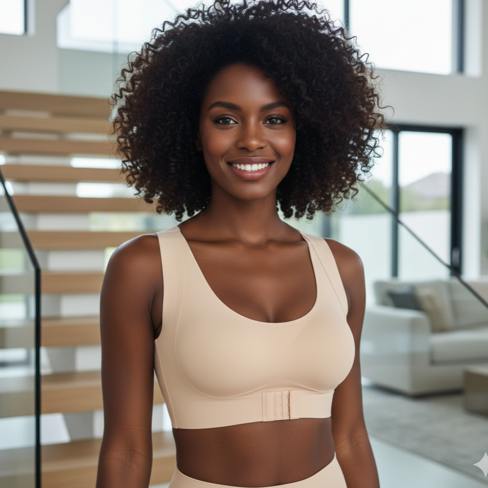 Woman wearing a beige sports bra in a modern living room.
