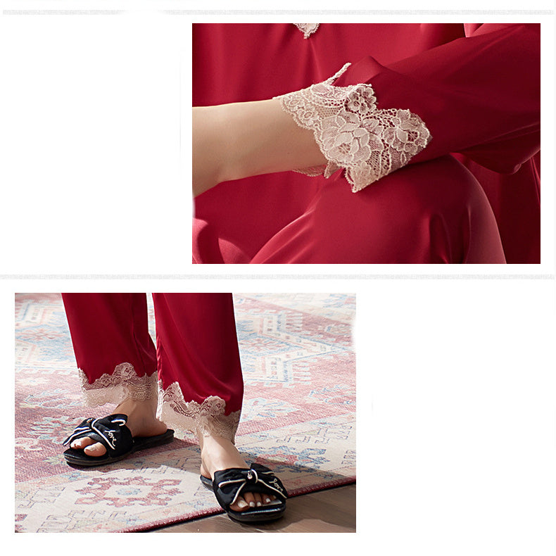 Faux Silk Long Sleeve Two Piece Pullover Lace Loungewear - Leverage On Heroes Women Store