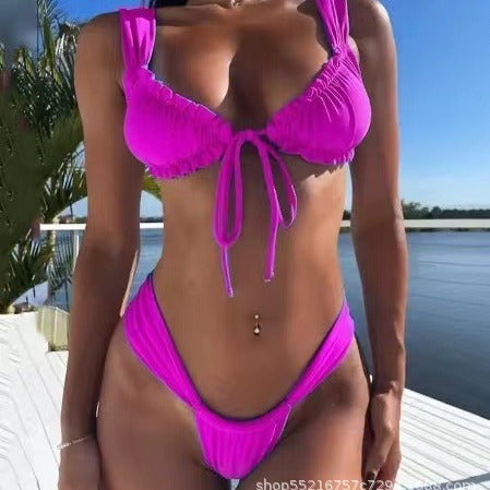 Lace-up Bikini Solid Color Split Women's Swimsuit - Leverage On Heroes Women Store