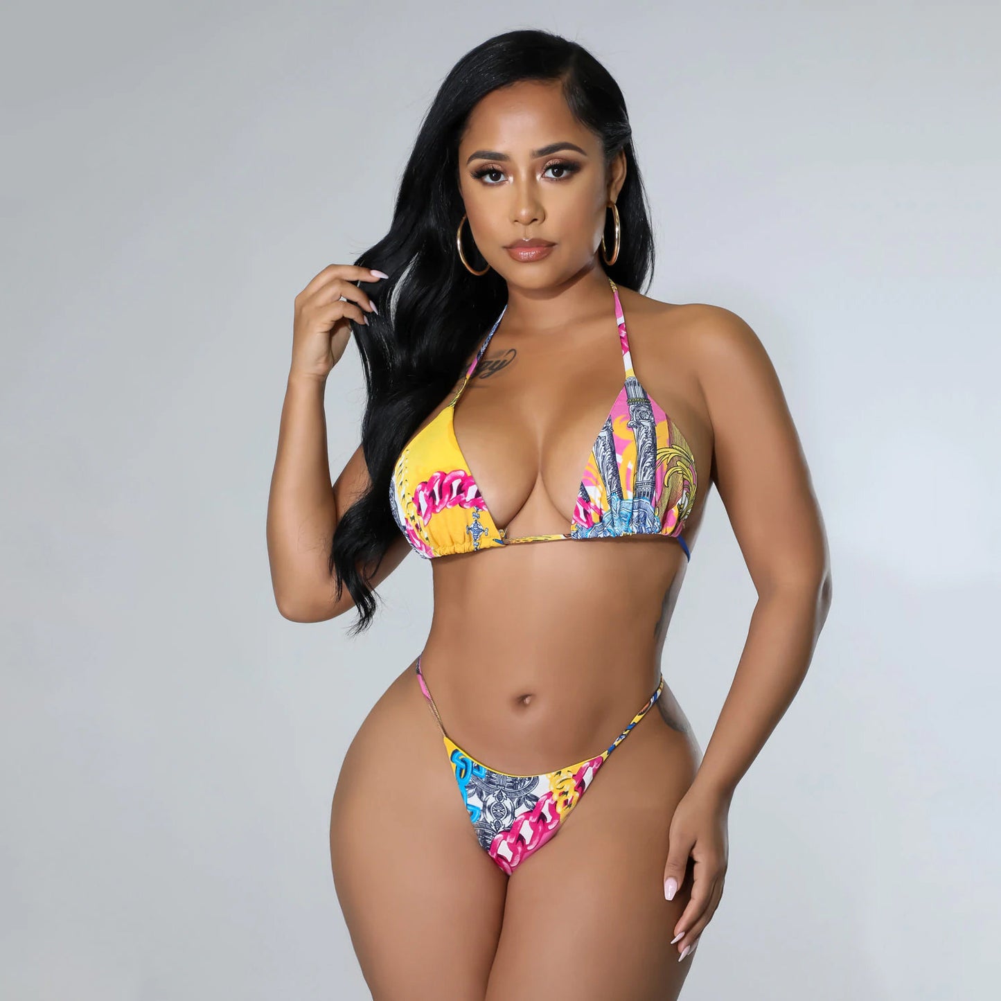 Printed Lace-up Bikini Three-piece Set - Leverage On Heroes Women Store