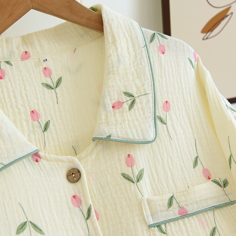 Women's Fashion Gauze Double Crepe Lapel Long-sleeved Loungewear Set - Leverage On Heroes Women Store