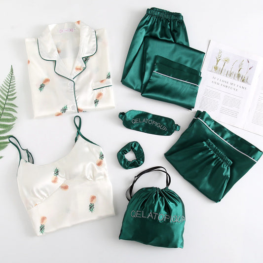 Ice Silk Printed Sweet Cute Loungewear Seven-piece Pajamas Suit - Leverage On Heroes Women Store